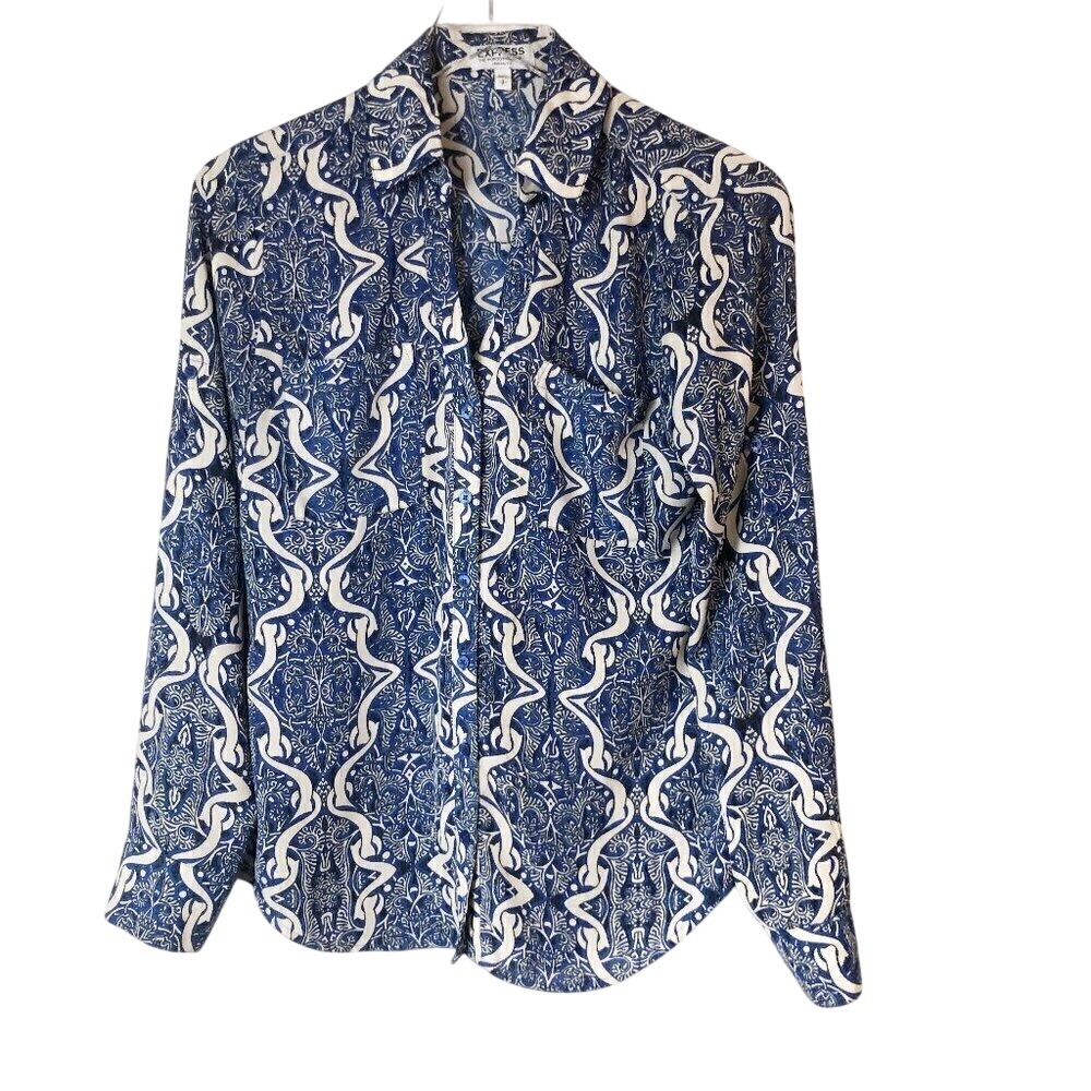 Express Portofino Original Fit Blue & White Baroque Button Down Women's Size S